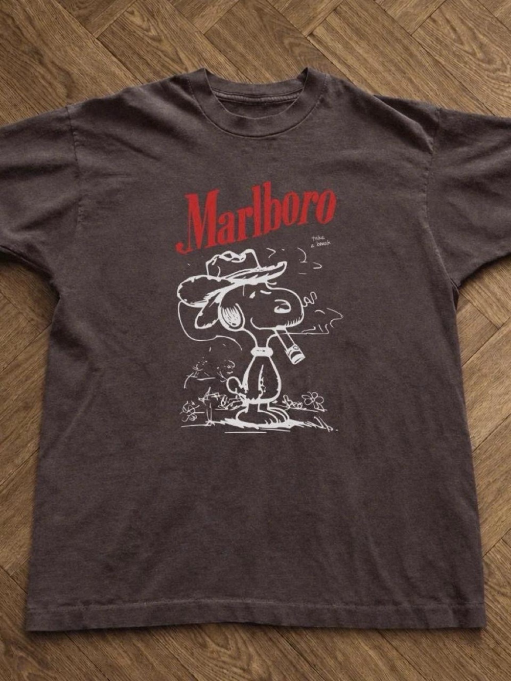 Gildan Dark Chocolate Short-Sleeve Tee with Red Marlboro Logo and White Graphic